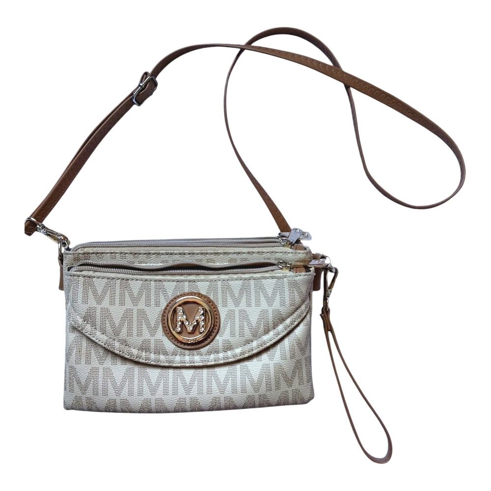 Women's Monogrammed M Crossbody Purse, Small, Cream/Brown/Gold Accents